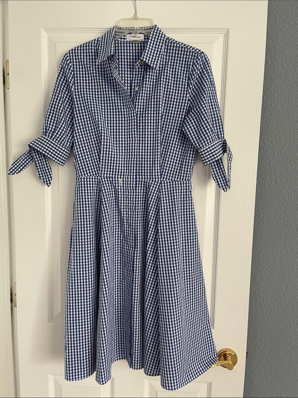Calvin Klein Blue Gingham Shirtwaist Dress with Tie Sleeves